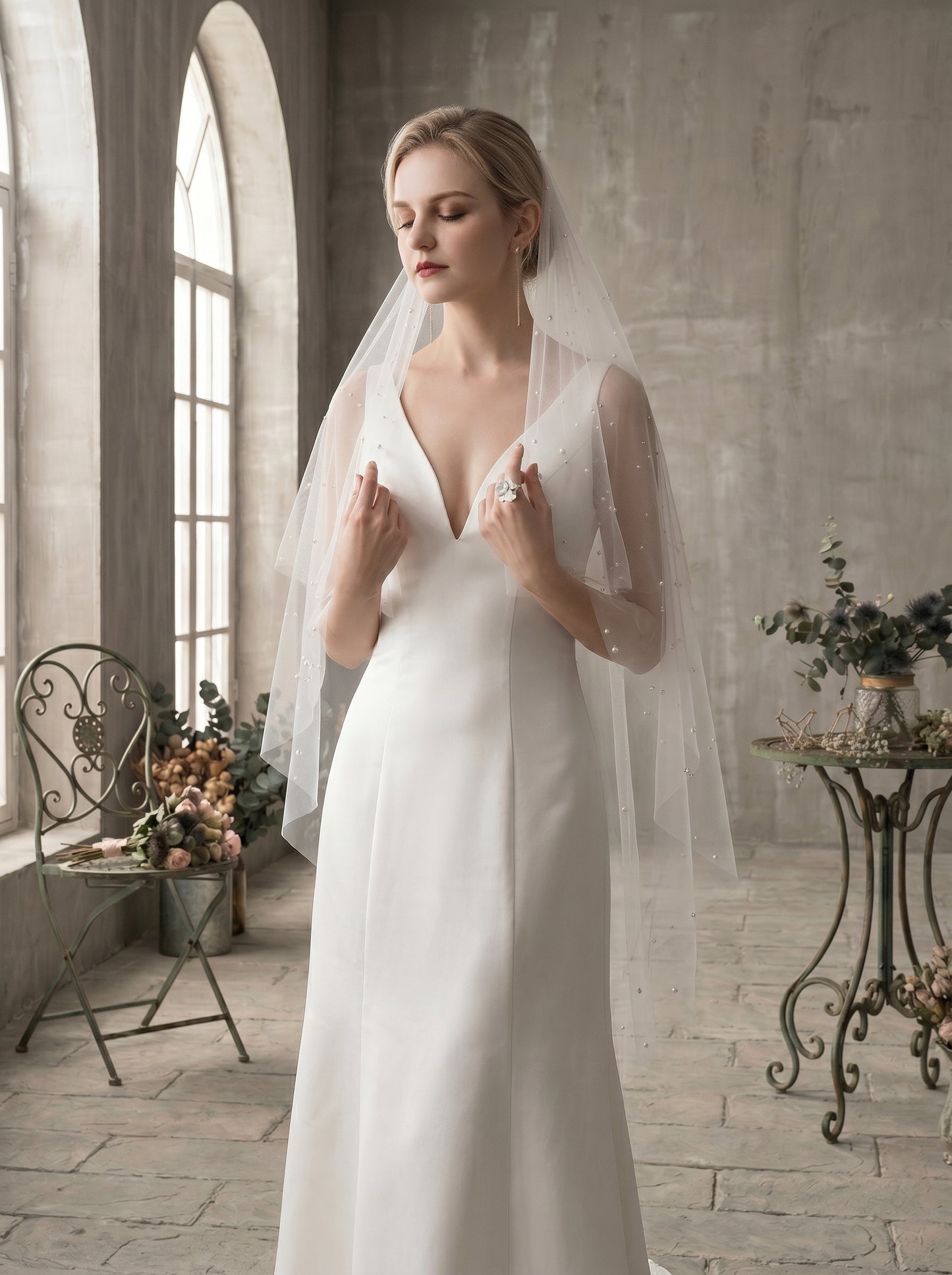 Luxury 2-Tier Pearl Fingertip Veil with Blusher - Milk White Soft Tulle Wedding Veil with Comb, Scattered Floating Pearlcore Bridal Veil  LUNA-X69