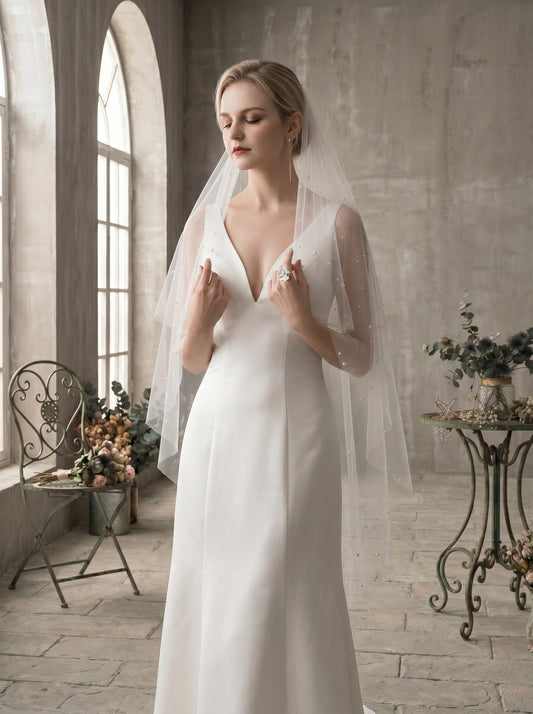 Luxury 2-Tier Pearl Fingertip Veil with Blusher - Milk White Soft Tulle Wedding Veil with Comb, Scattered Floating Pearlcore Bridal Veil  LUNA-X69