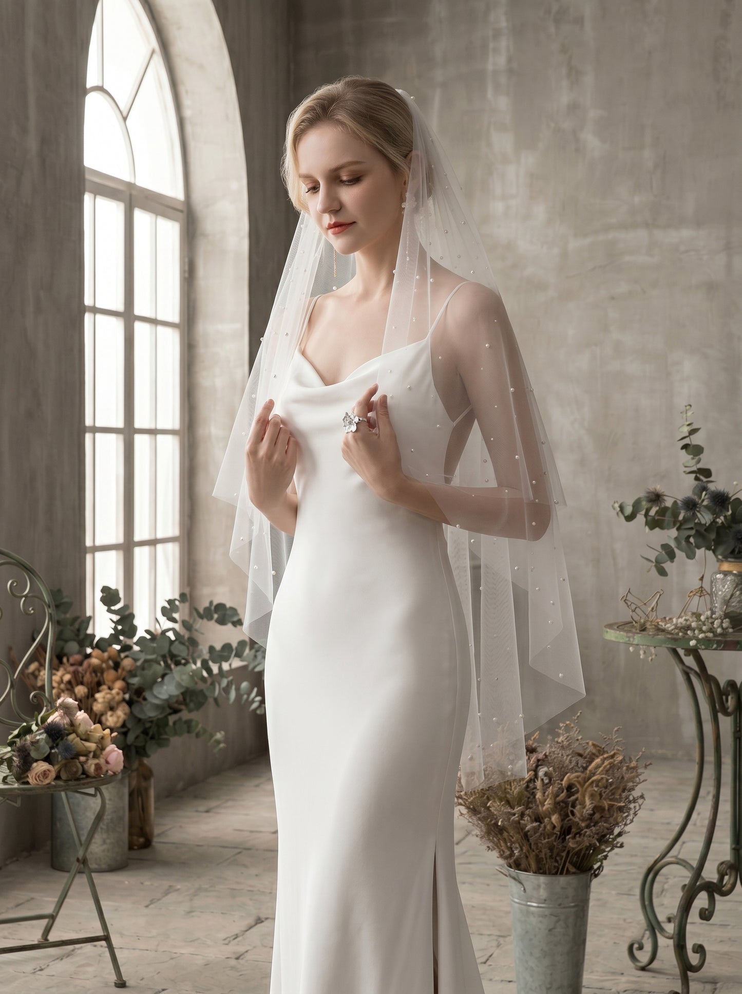Luxury 2-Tier Pearl Fingertip Veil with Blusher - Milk White Soft Tulle Wedding Veil with Comb, Scattered Floating Pearlcore Bridal Veil  LUNA-X69