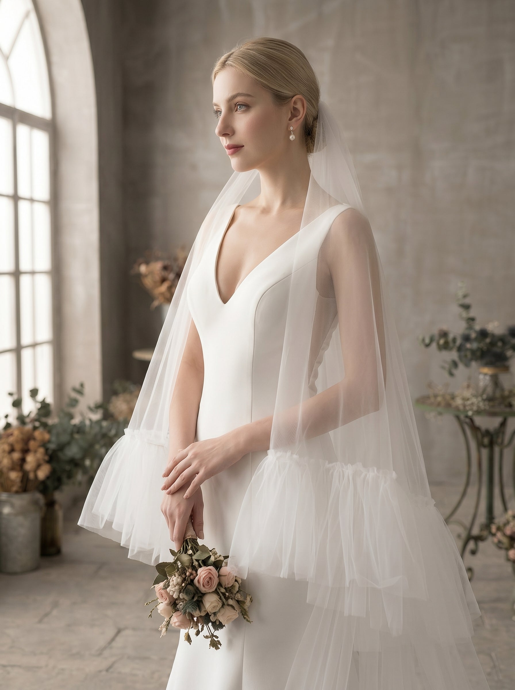 Luxury 2-Tier Ruffle Chapel Veil with Blusher - Milk White Soft Tulle Fluffy Frill Edge Wedding Veil, Voluminous Romantic Bride Headpiece  LUNA-X70