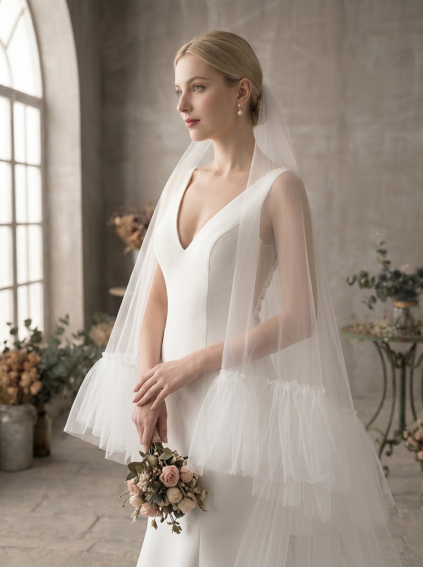 Luxury 2-Tier Ruffle Chapel Veil with Blusher - Milk White Soft Tulle Fluffy Frill Edge Wedding Veil, Voluminous Romantic Bride Headpiece  LUNA-X70