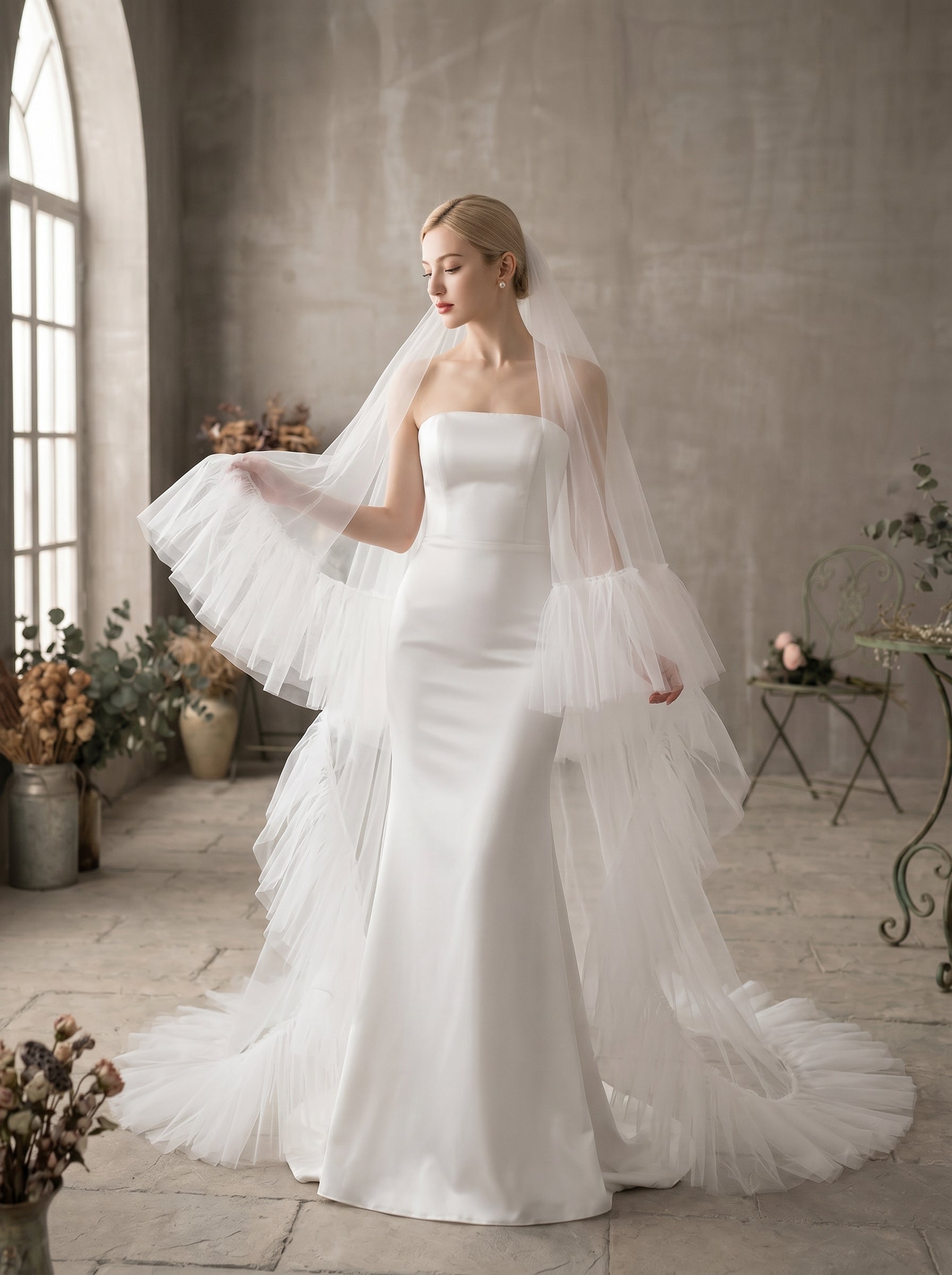 Luxury 2-Tier Ruffle Chapel Veil with Blusher - Milk White Soft Tulle Fluffy Frill Edge Wedding Veil, Voluminous Romantic Bride Headpiece  LUNA-X70