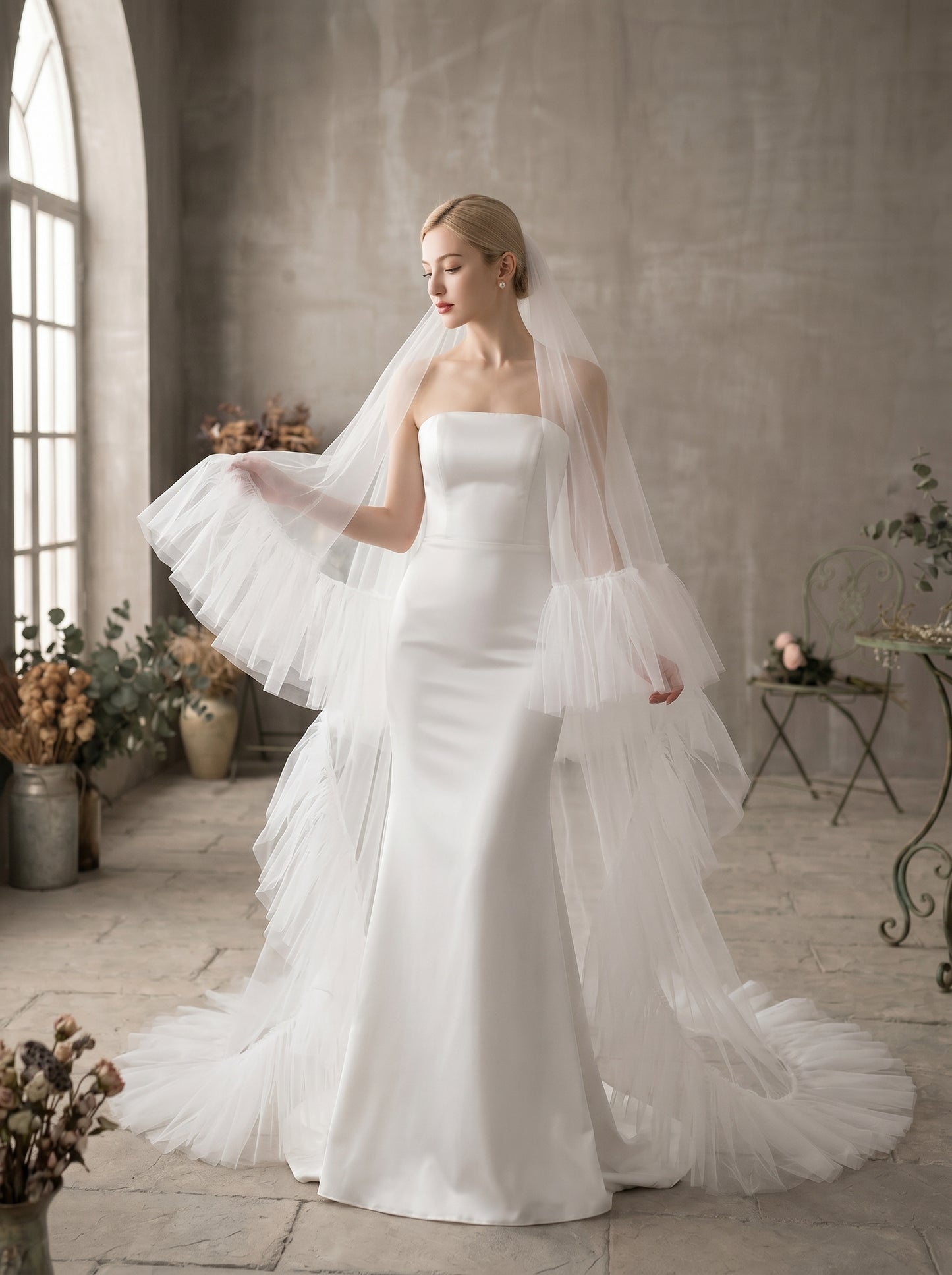 Luxury 2-Tier Ruffle Chapel Veil with Blusher - Milk White Soft Tulle Fluffy Frill Edge Wedding Veil, Voluminous Romantic Bride Headpiece  LUNA-X70