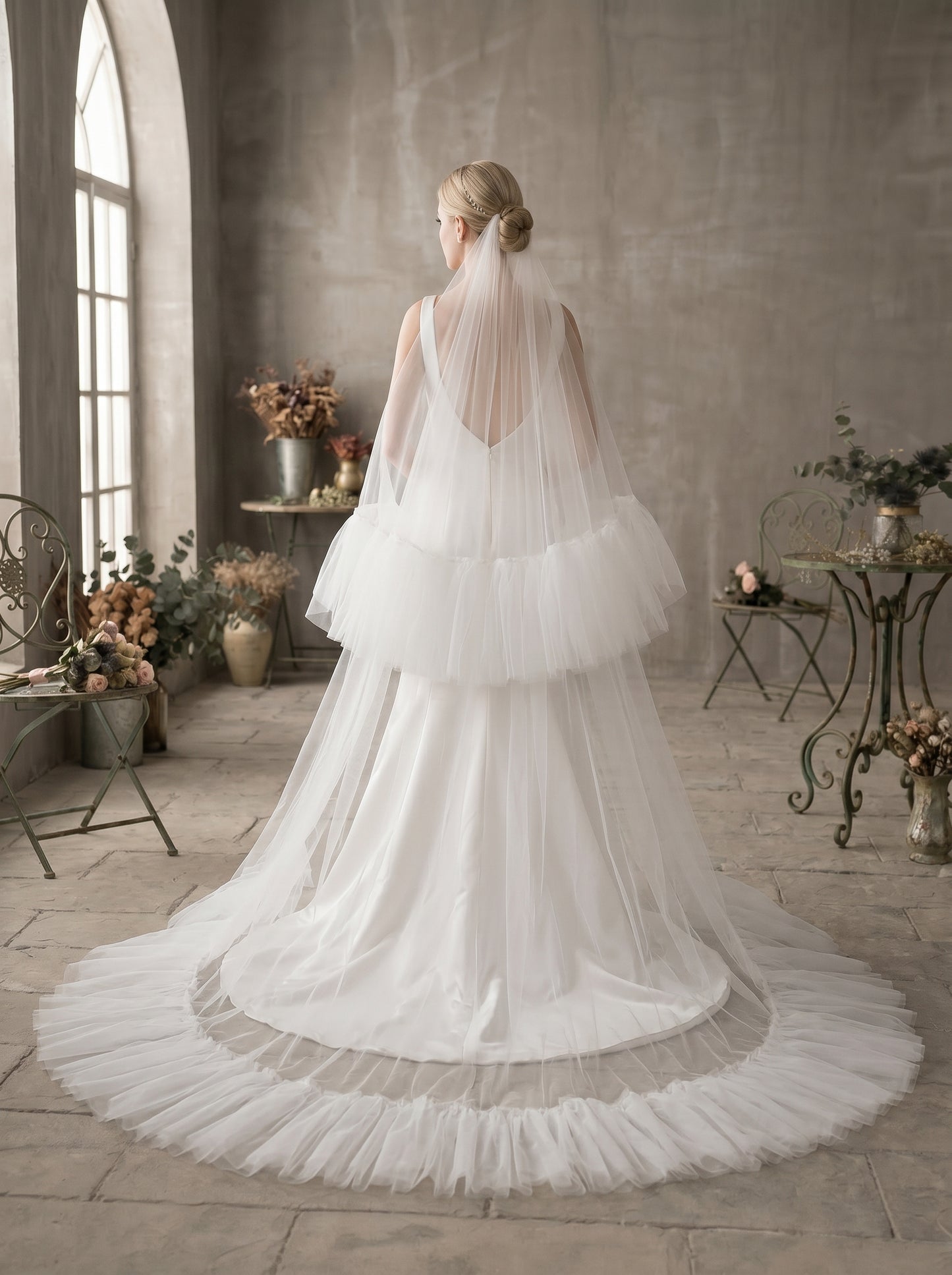 Luxury 2-Tier Ruffle Chapel Veil with Blusher - Milk White Soft Tulle Fluffy Frill Edge Wedding Veil, Voluminous Romantic Bride Headpiece  LUNA-X70