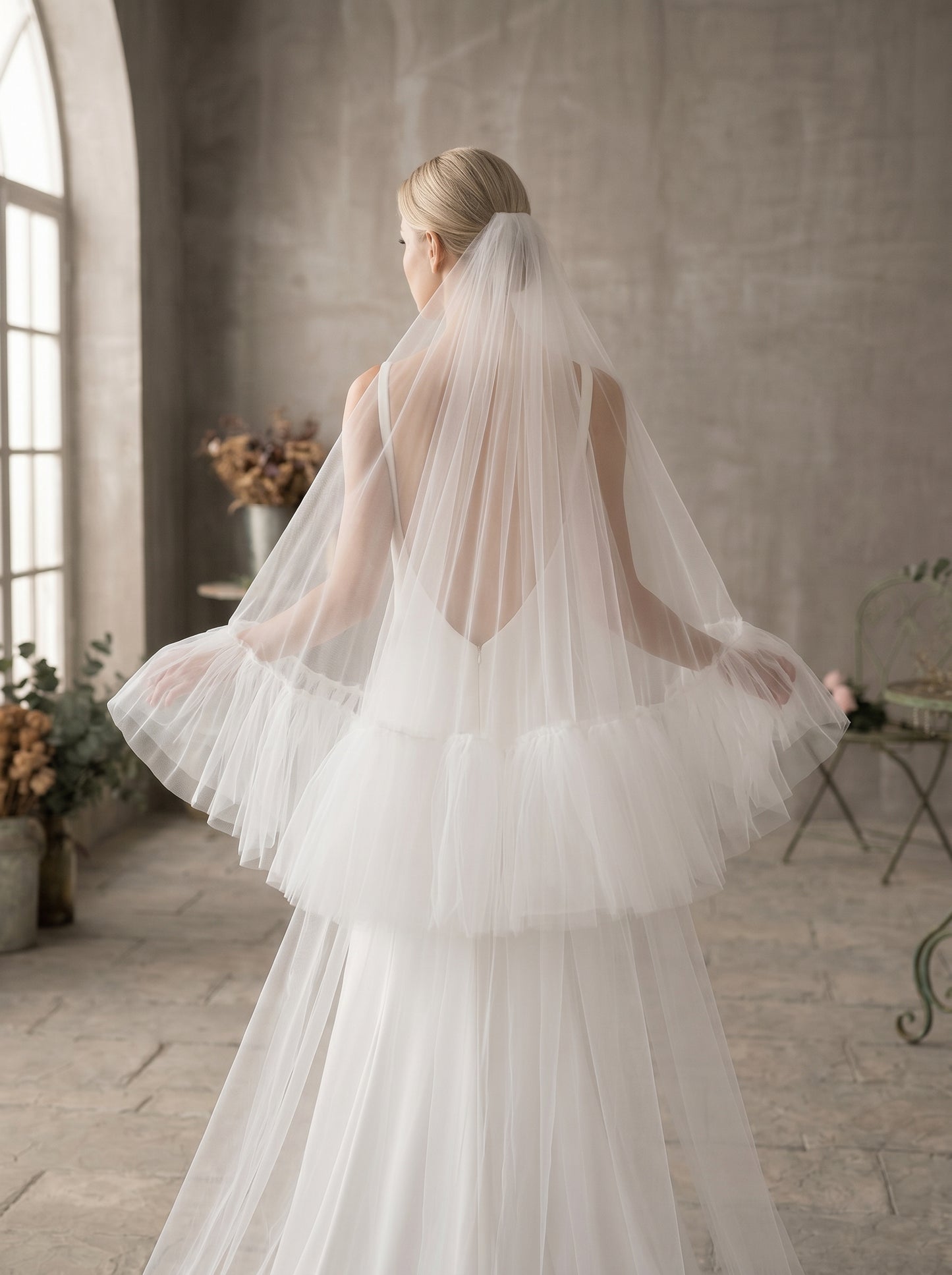 Luxury 2-Tier Ruffle Chapel Veil with Blusher - Milk White Soft Tulle Fluffy Frill Edge Wedding Veil, Voluminous Romantic Bride Headpiece  LUNA-X70