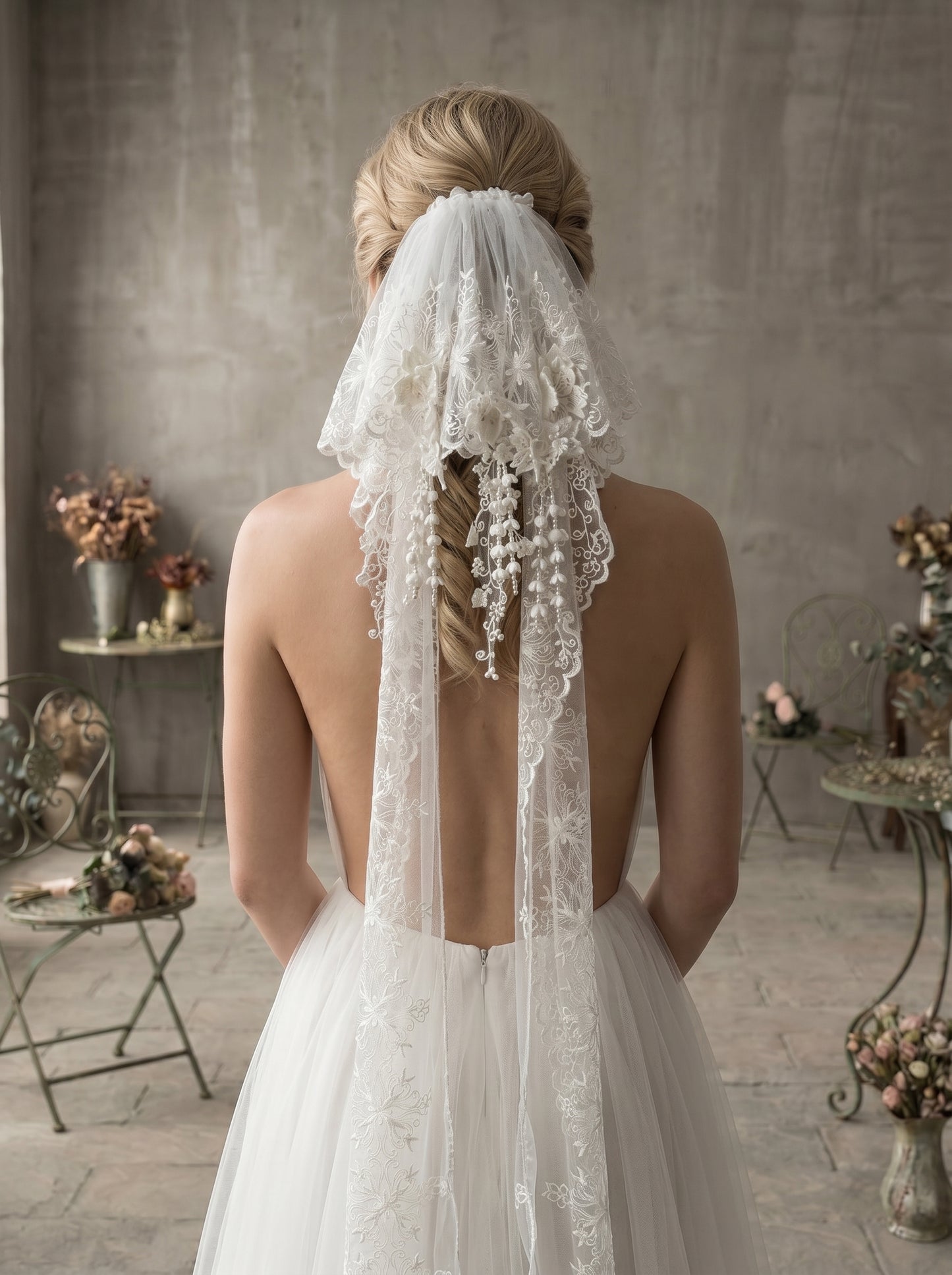 Vintage Rococo Shoulder Veil with 3D Lace Appliqués - Cloud Puff Stiff Mesh Bridal Headpiece, Shimmering Pearl Blossom Streamers LUNA-X107