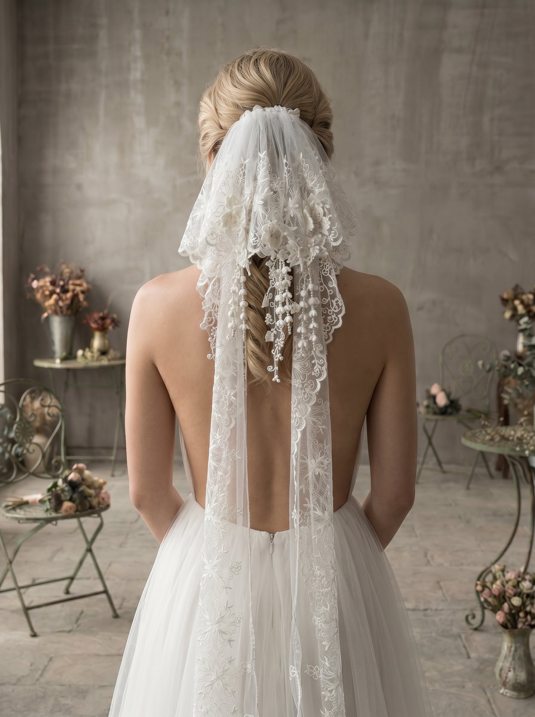Vintage Rococo Shoulder Veil with 3D Lace Appliqu‘s - Cloud Puff Stiff Mesh Bridal Headpiece, Shimmering Pearl Blossom Streamers LUNA-X107