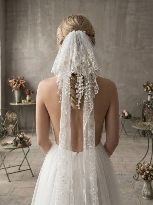 Vintage Rococo Shoulder Veil with 3D Lace Appliqués - Cloud Puff Stiff Mesh Bridal Headpiece, Shimmering Pearl Blossom Streamers LUNA-X107