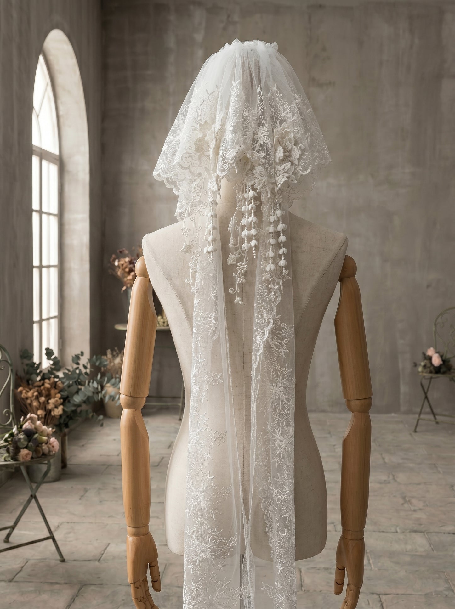 Vintage Rococo Shoulder Veil with 3D Lace Appliqués - Cloud Puff Stiff Mesh Bridal Headpiece, Shimmering Pearl Blossom Streamers LUNA-X107