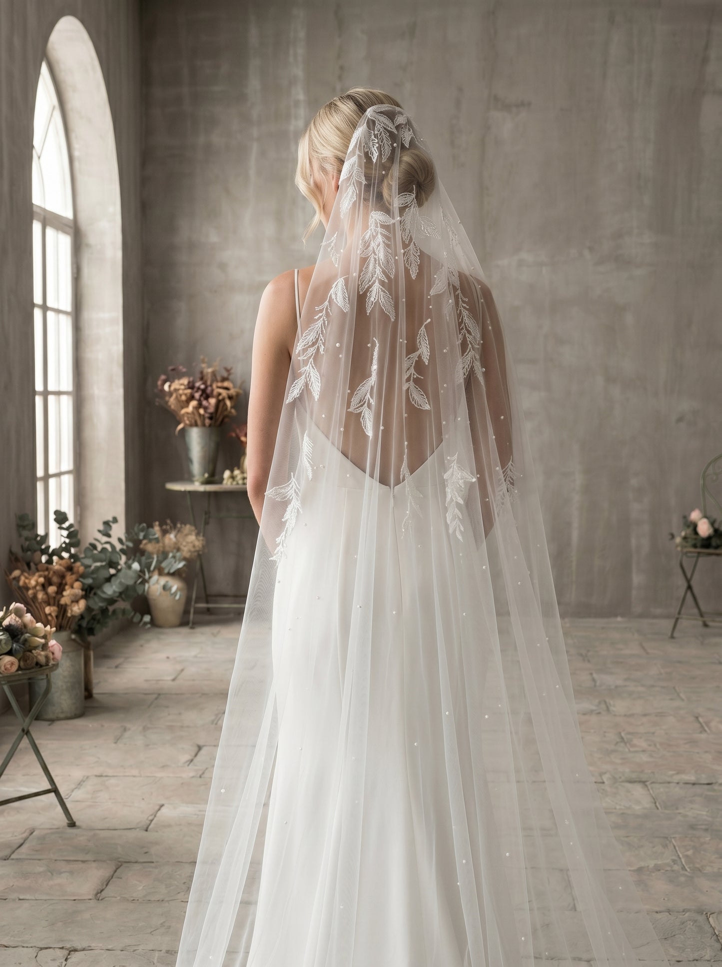 Milk White Lace Juliet Cap Veil with Comb, Single Tier 98" x 94" Wide Soft Netting Bridal Veil, Embroidered Vine Leaf Mantilla Veil  LUNA-X95