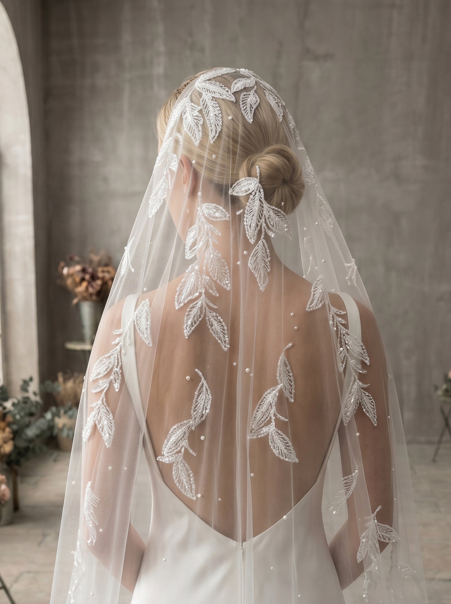 Milk White Lace Juliet Cap Veil with Comb, Single Tier 98" x 94" Wide Soft Netting Bridal Veil, Embroidered Vine Leaf Mantilla Veil  LUNA-X95