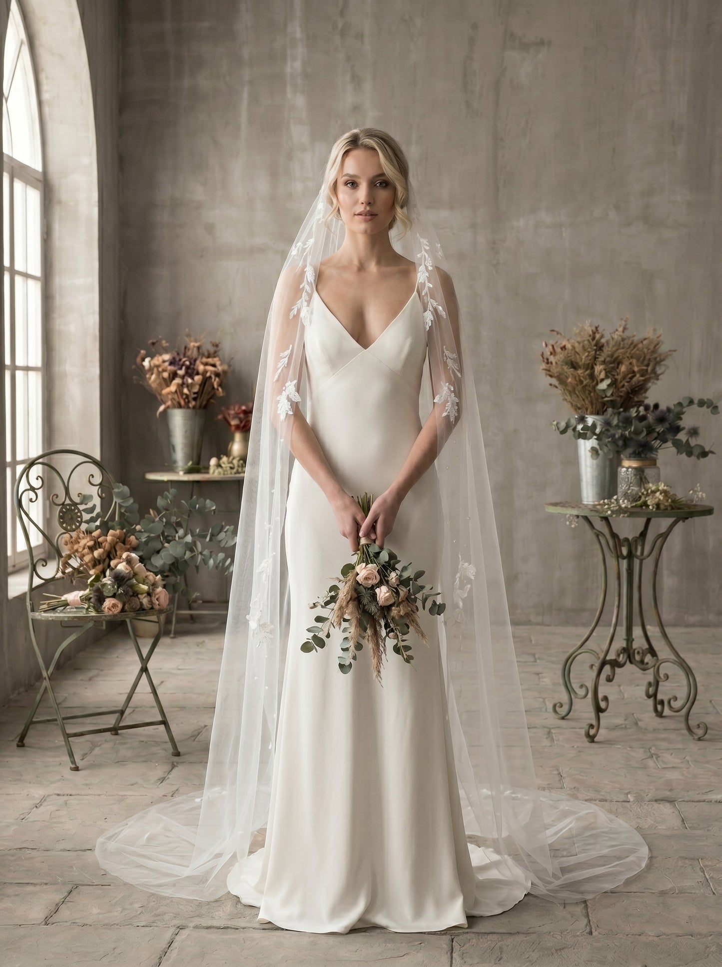 Milk White Lace Juliet Cap Veil with Comb, Single Tier 98" x 94" Wide Soft Netting Bridal Veil, Embroidered Vine Leaf Mantilla Veil  LUNA-X95