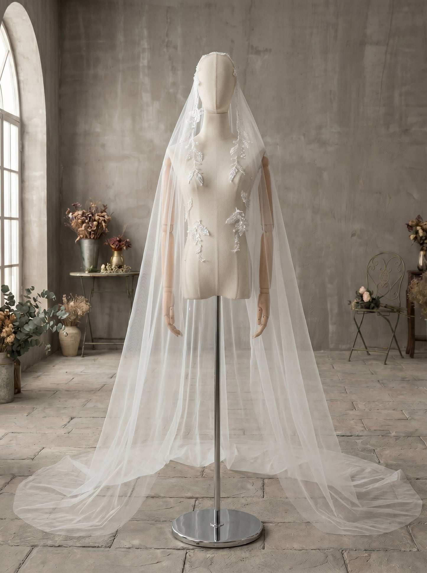 Milk White Lace Juliet Cap Veil with Comb, Single Tier 98" x 94" Wide Soft Netting Bridal Veil, Embroidered Vine Leaf Mantilla Veil  LUNA-X95