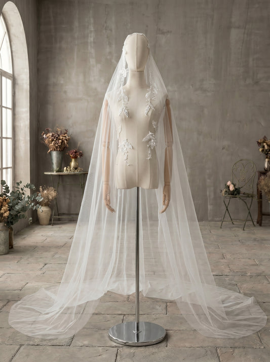 Milk White Lace Juliet Cap Veil with Comb, Single Tier 98" x 94" Wide Soft Netting Bridal Veil, Embroidered Vine Leaf Mantilla Veil  LUNA-X95