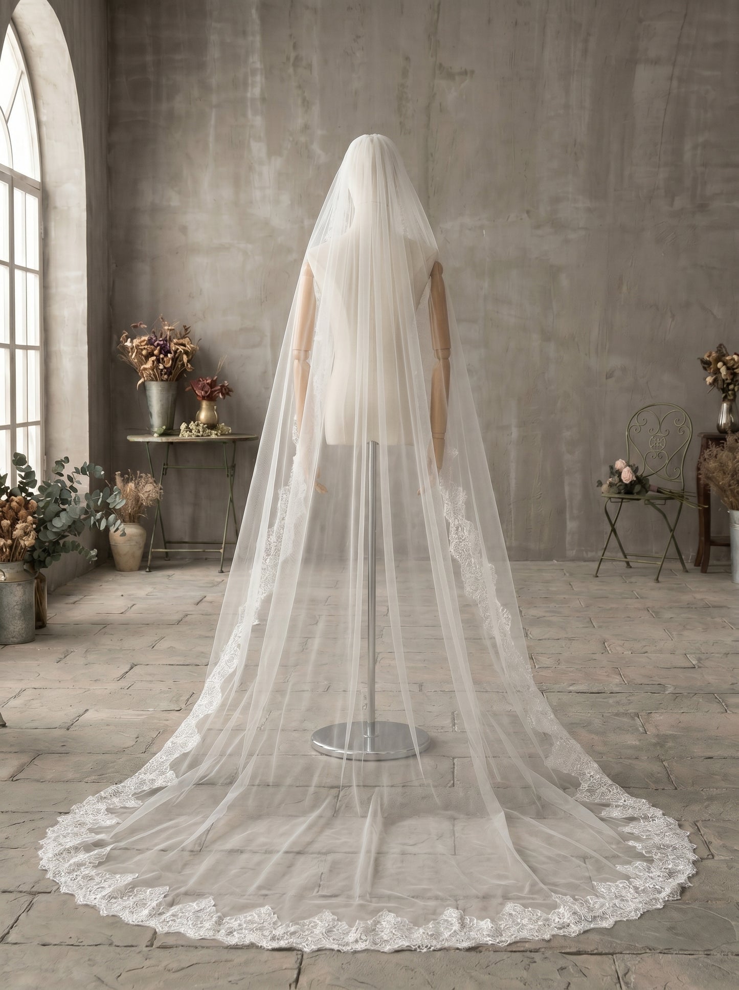 Classic 2.8M Cathedral Wedding Veil with Comb - Single Tier Milk White Soft Tulle Veil, Continuous Chantilly Lace Edge Bridal Veil, 110" Sleek Train Veil  LUNA-X76