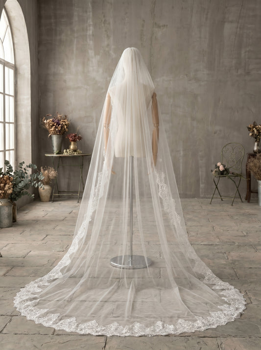 Classic 2.8M Cathedral Wedding Veil with Comb - Single Tier Milk White Soft Tulle Veil, Continuous Chantilly Lace Edge Bridal Veil, 110" Sleek Train Veil  LUNA-X76