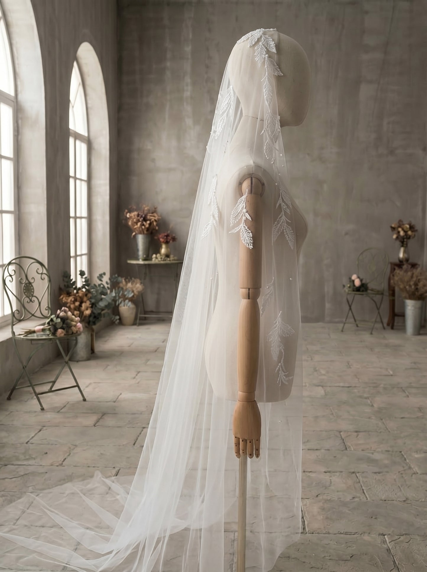 Milk White Lace Juliet Cap Veil with Comb, Single Tier 98" x 94" Wide Soft Netting Bridal Veil, Embroidered Vine Leaf Mantilla Veil  LUNA-X95