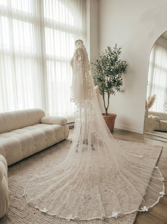 The Anti-Bride Minimalist Cathedral Veil - 3m Sleek One Layer Wedding Veil, Comb-Free High-Fashion Sheer Bridal Draping  LUNA-X48
