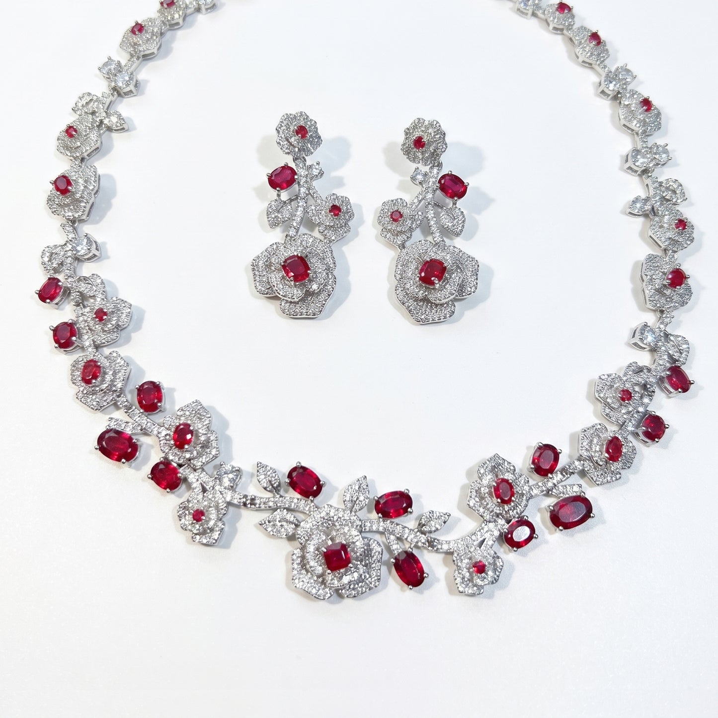 Luxury Rose Floral Crystal Bridal Jewelry Set - Elegant Statement Statement Necklace and Drop Earrings - Premium Wedding Banquet Jewelry in 4 Royal Colors LUNA-X123