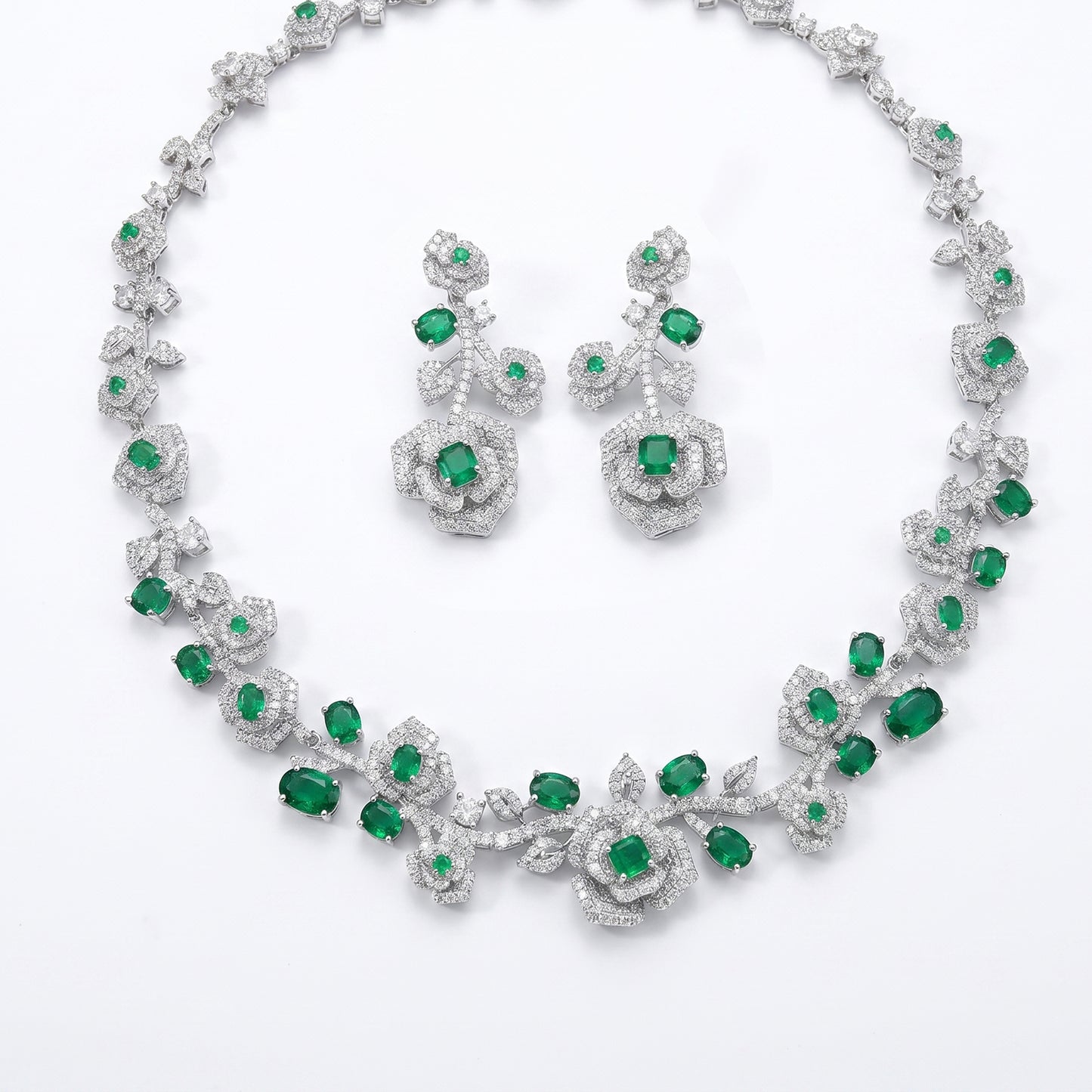 Luxury Rose Floral Crystal Bridal Jewelry Set - Elegant Statement Statement Necklace and Drop Earrings - Premium Wedding Banquet Jewelry in 4 Royal Colors LUNA-X123