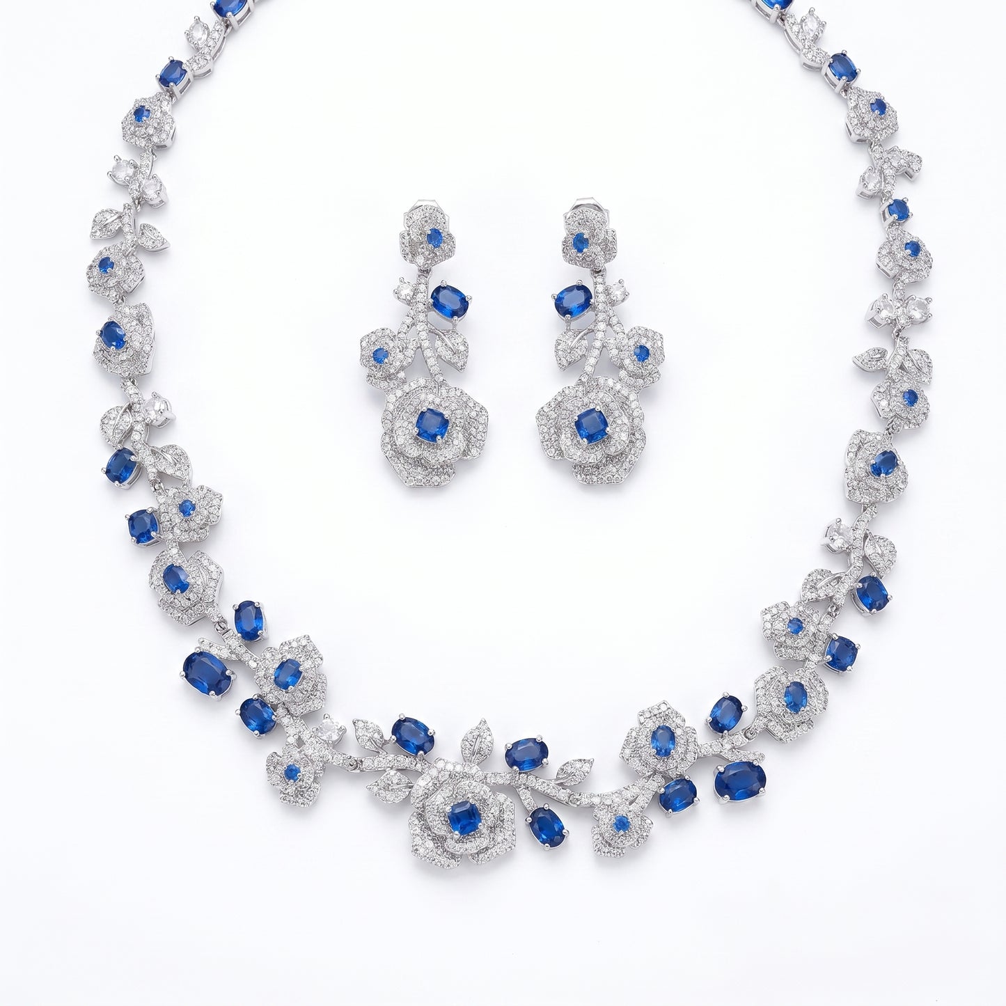 Luxury Rose Floral Crystal Bridal Jewelry Set - Elegant Statement Statement Necklace and Drop Earrings - Premium Wedding Banquet Jewelry in 4 Royal Colors LUNA-X123