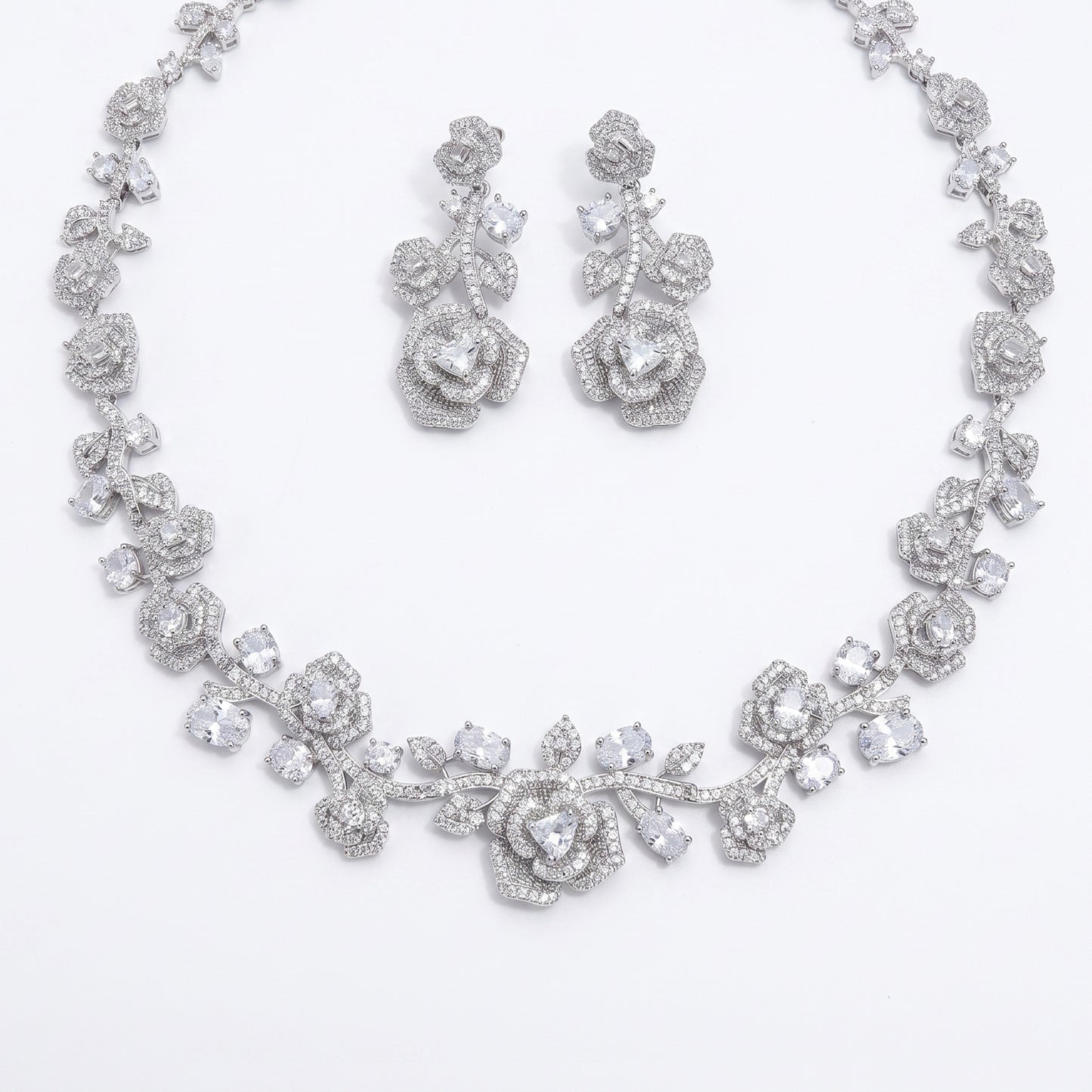 Luxury Rose Floral Crystal Bridal Jewelry Set - Elegant Statement Statement Necklace and Drop Earrings - Premium Wedding Banquet Jewelry in 4 Royal Colors LUNA-X123