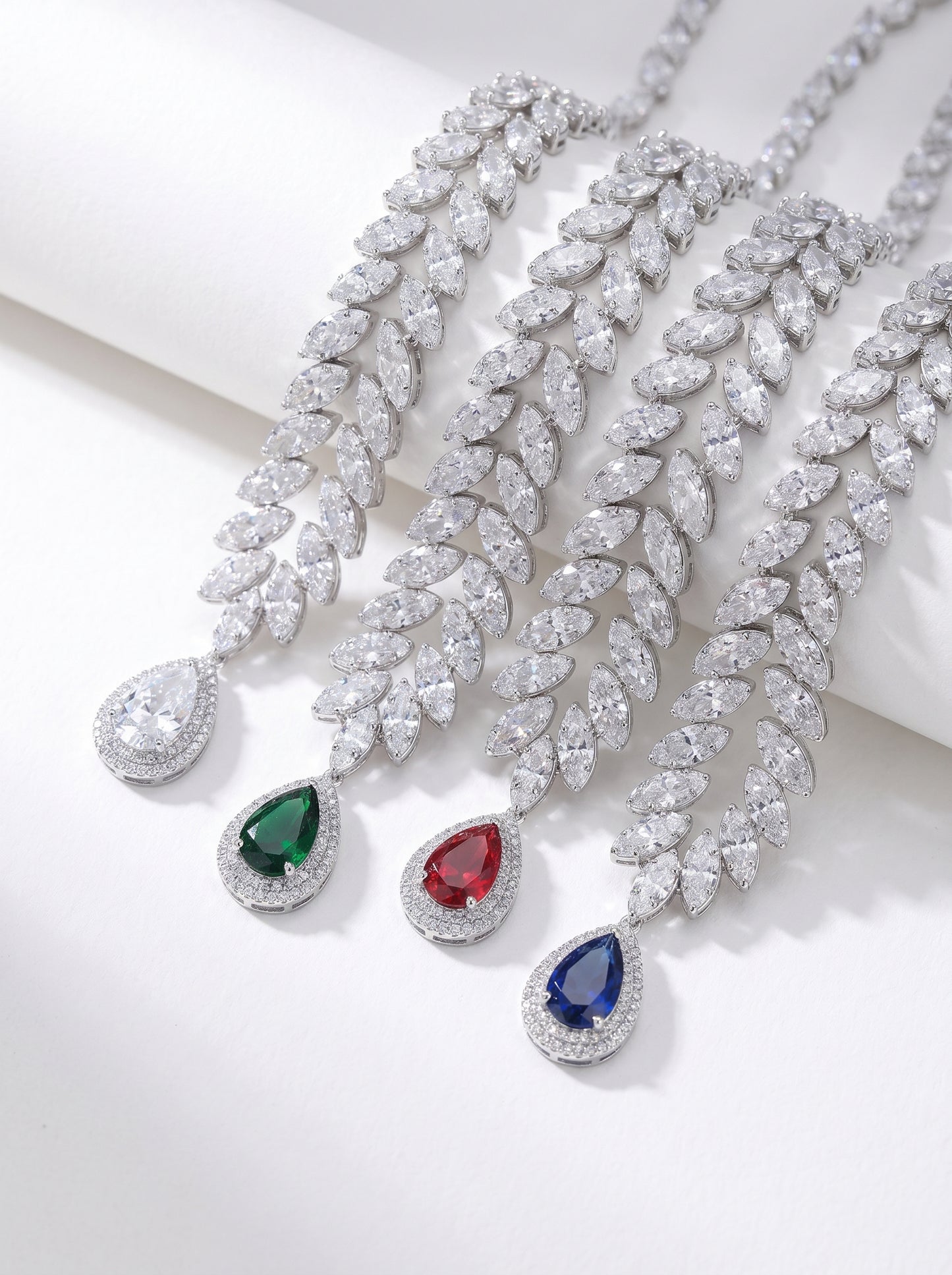 Luxury Teardrop Cubic Zirconia Jewelry Set - Elegant Crystal Statement Necklace and Dangle Earrings - White Gold Plated Bridal Banquet Set in 4 Royal Colors LUNA-X124