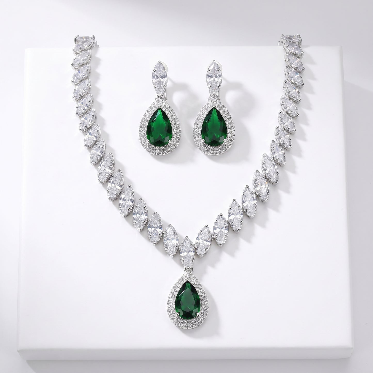 Luxury Teardrop Cubic Zirconia Jewelry Set - Elegant Crystal Statement Necklace and Dangle Earrings - White Gold Plated Bridal Banquet Set in 4 Royal Colors LUNA-X124