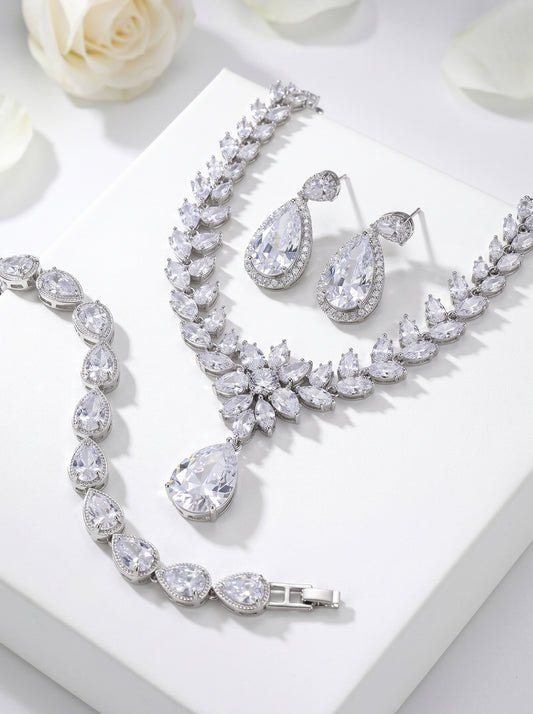 Imperial Teardrop and Marquise Crystal Bridal Jewelry Set - Luxury Statement Necklace Chandelier Earrings and Tennis Bracelet - Premium 3-Piece Wedding Banquet Ensemble LUNA-X130