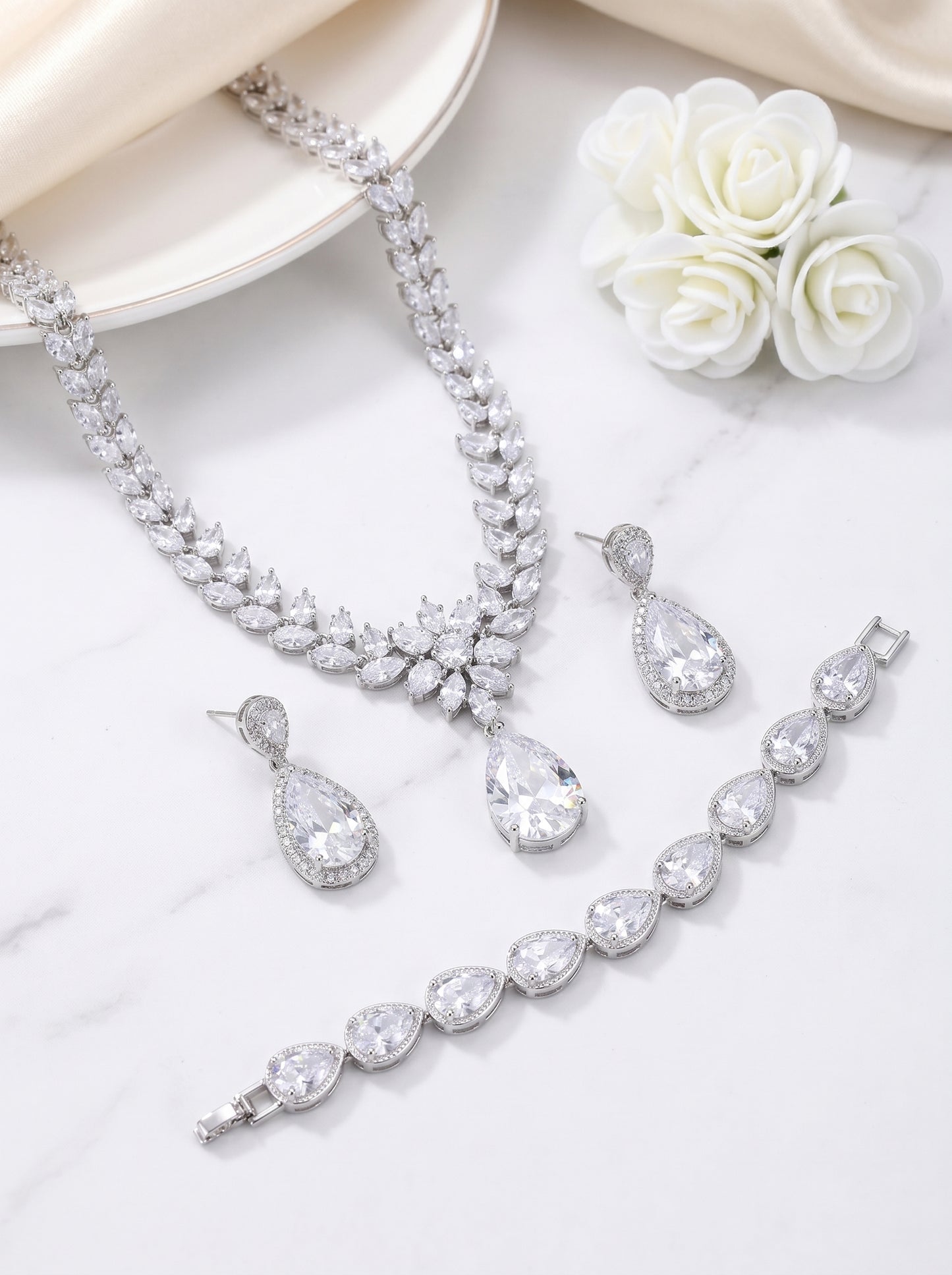 Imperial Teardrop and Marquise Crystal Bridal Jewelry Set - Luxury Statement Necklace Chandelier Earrings and Tennis Bracelet - Premium 3-Piece Wedding Banquet Ensemble LUNA-X130
