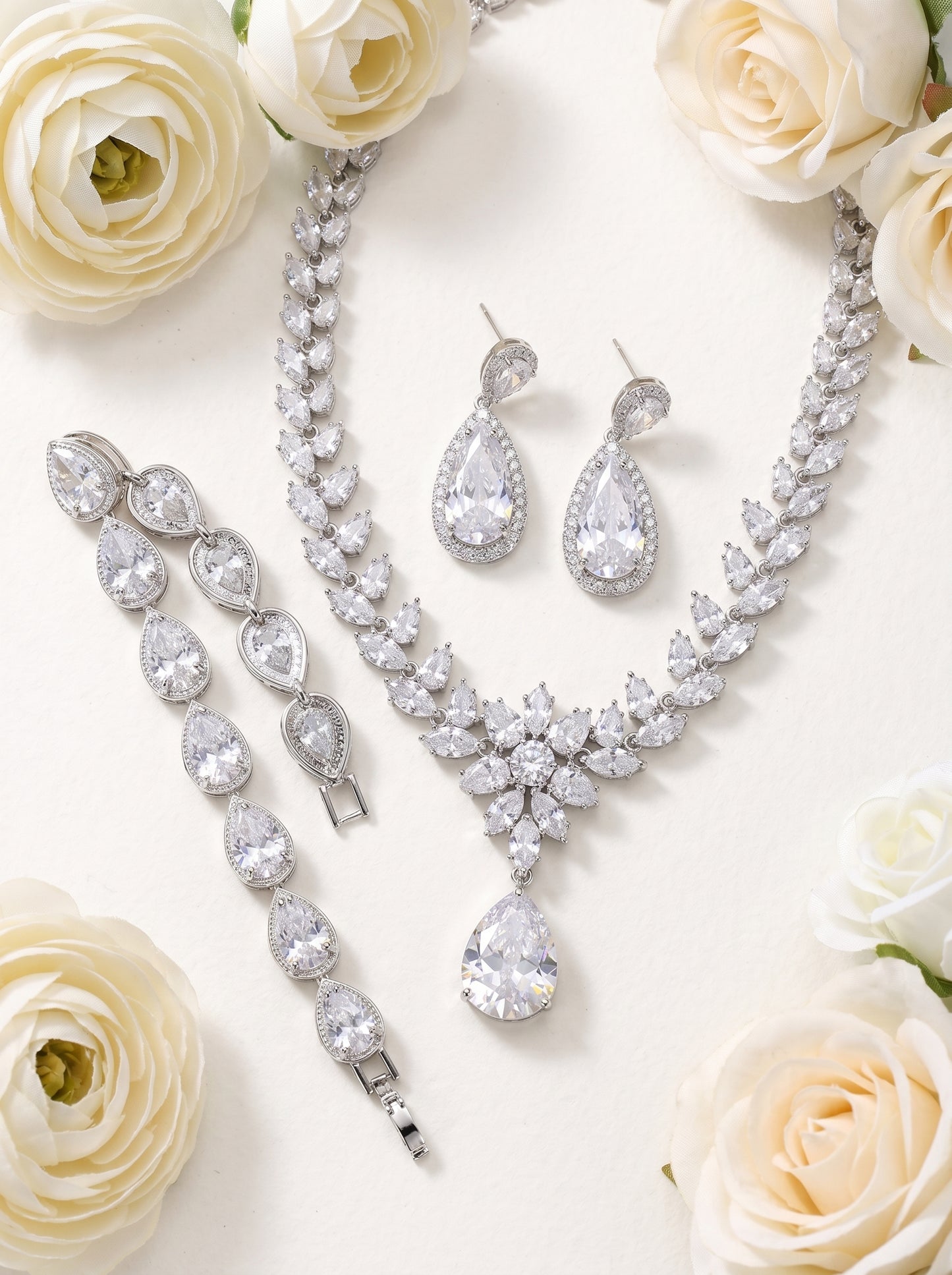 Imperial Teardrop and Marquise Crystal Bridal Jewelry Set - Luxury Statement Necklace Chandelier Earrings and Tennis Bracelet - Premium 3-Piece Wedding Banquet Ensemble LUNA-X130