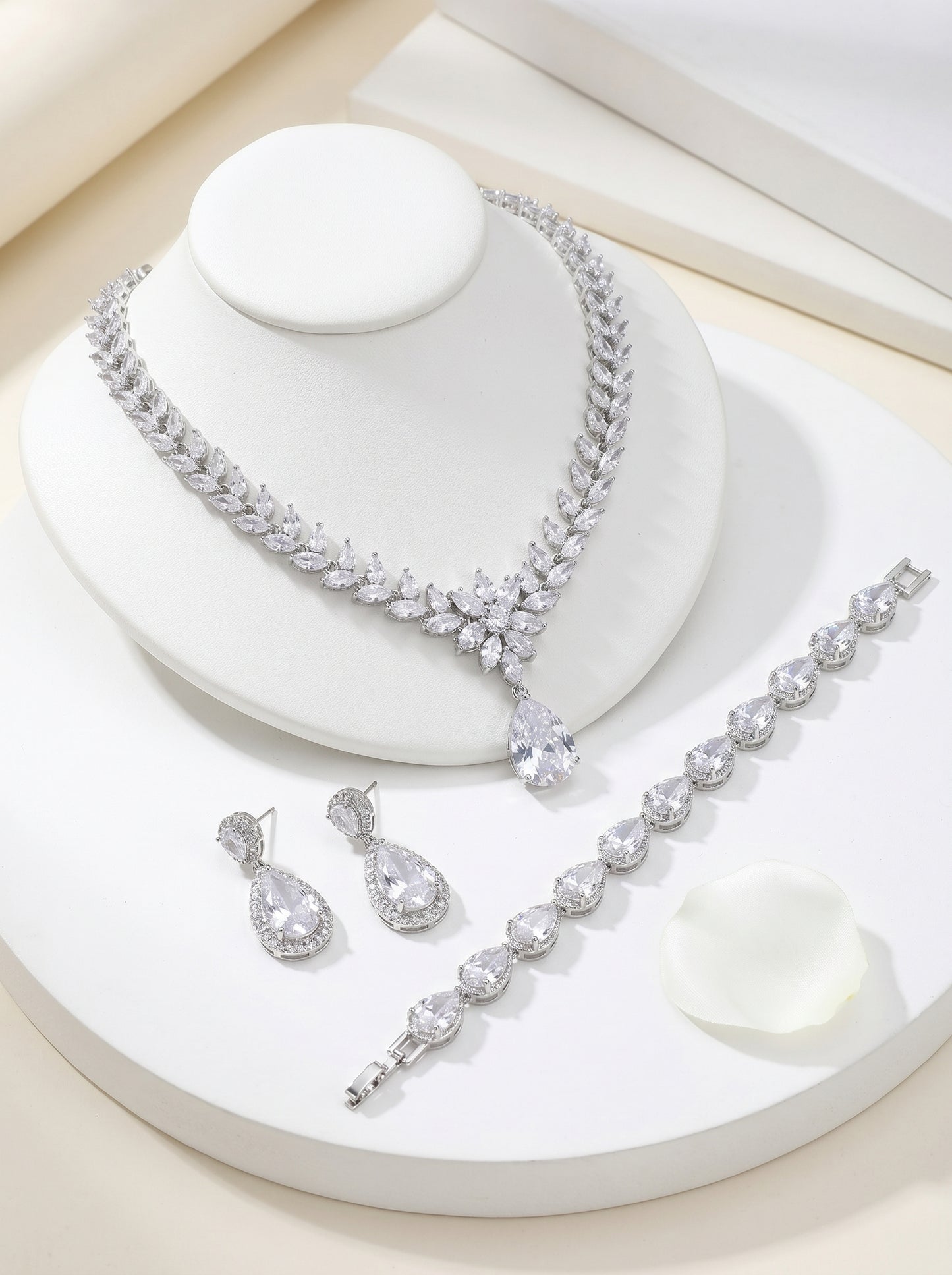 Imperial Teardrop and Marquise Crystal Bridal Jewelry Set - Luxury Statement Necklace Chandelier Earrings and Tennis Bracelet - Premium 3-Piece Wedding Banquet Ensemble LUNA-X130