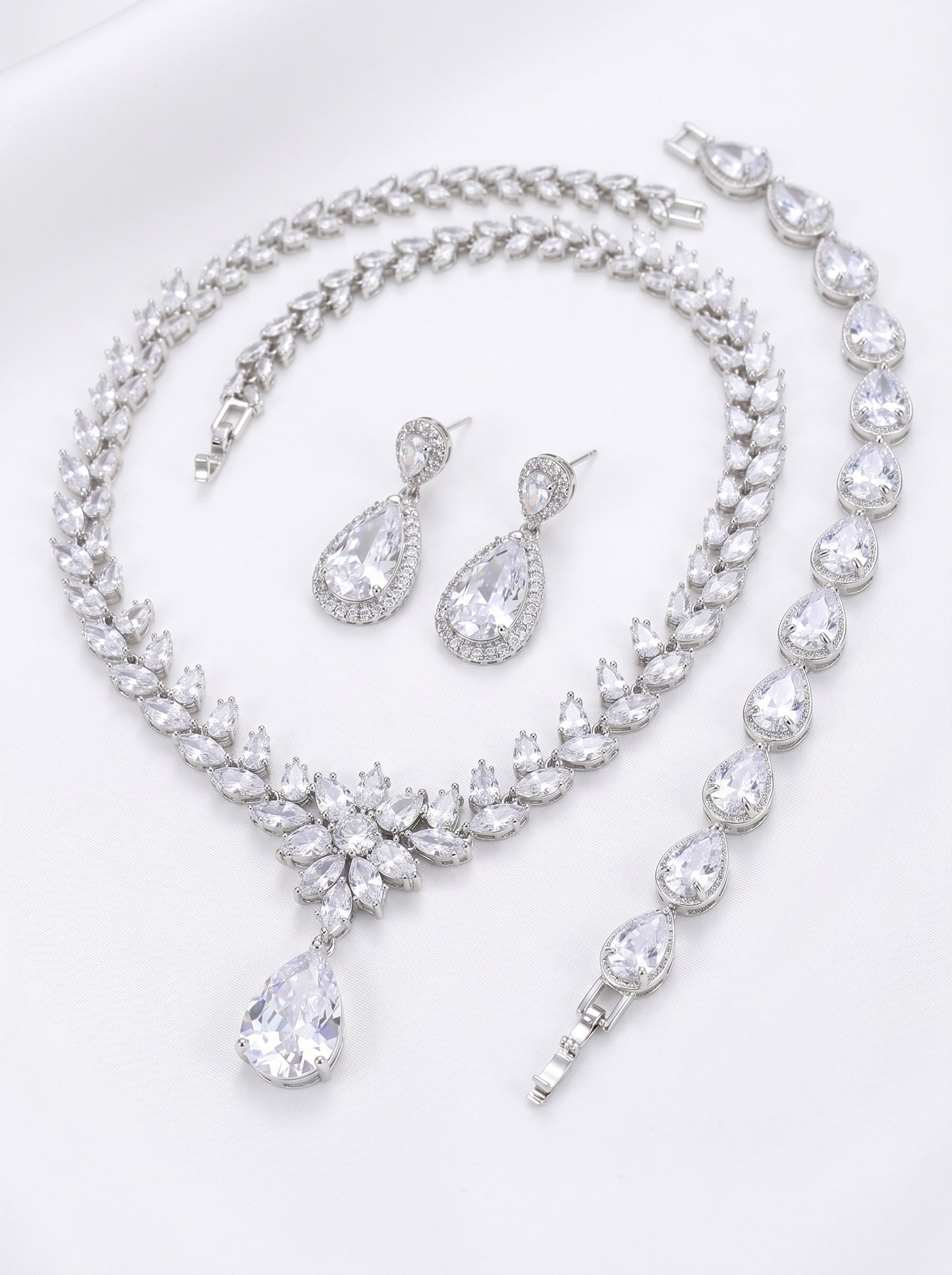 Imperial Teardrop and Marquise Crystal Bridal Jewelry Set - Luxury Statement Necklace Chandelier Earrings and Tennis Bracelet - Premium 3-Piece Wedding Banquet Ensemble LUNA-X130