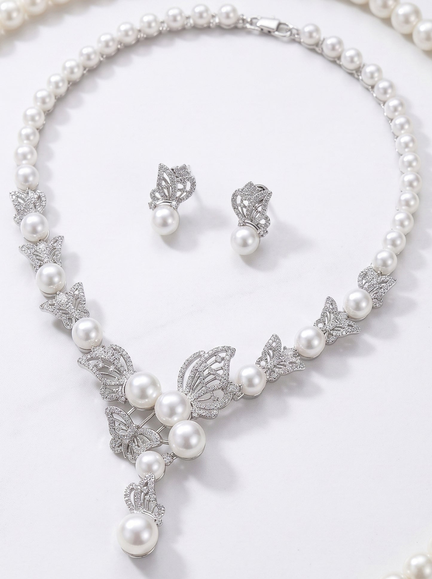 Luxury Butterfly Pearl Bridal Jewelry Set - Elegant Hollow Crystal Marquise Choker Necklace and Drop Earrings - Romantic Wedding Gala Banquet Pearls Two-Piece Set  LUNA-X133