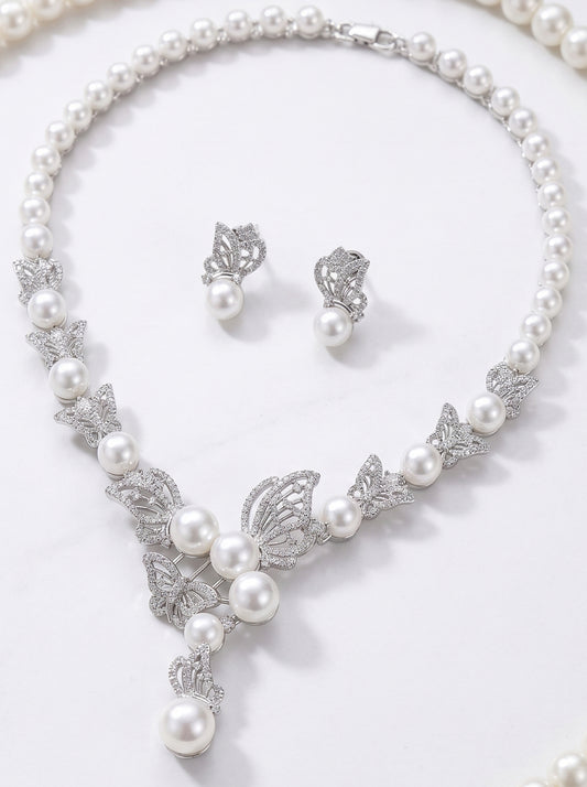 Luxury Butterfly Pearl Bridal Jewelry Set - Elegant Hollow Crystal Marquise Choker Necklace and Drop Earrings - Romantic Wedding Gala Banquet Pearls Two-Piece Set  LUNA-X133