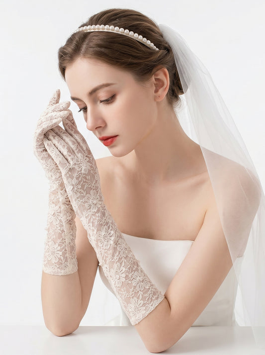 "Teenage Dream" 39cm Vintage Lace Bridal Gloves, Full Finger Sheer Floral Wedding Gloves with Hand-Stitched Pearl Accents LUNA-X178