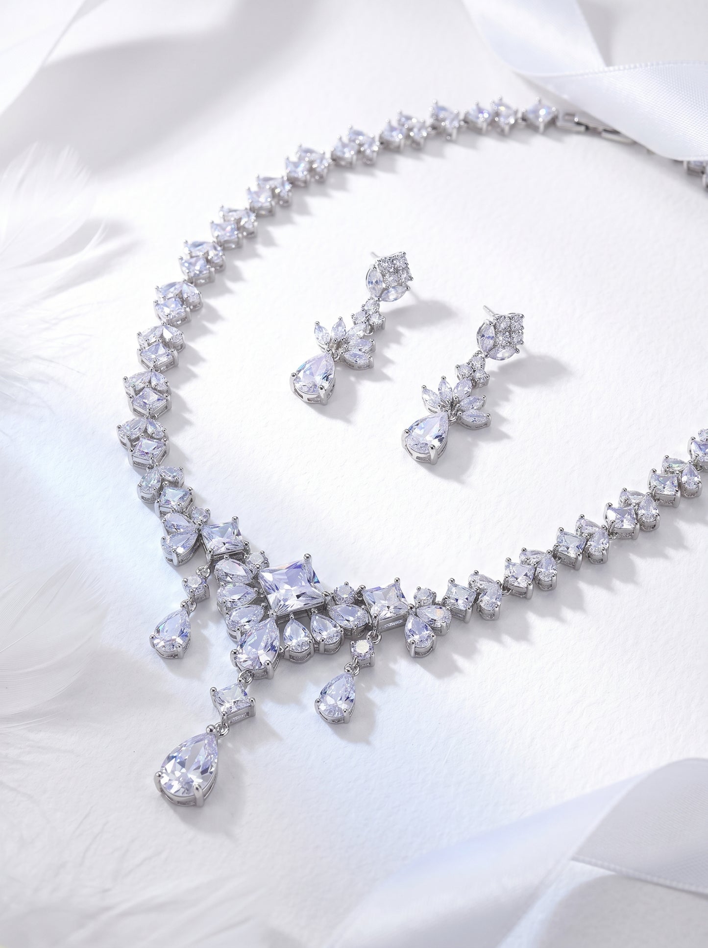 Adella Royal Cascade Bridal Necklace & Earring Set – AAA Zircon Crystal with S925 Silver Posts  LUNA-X142