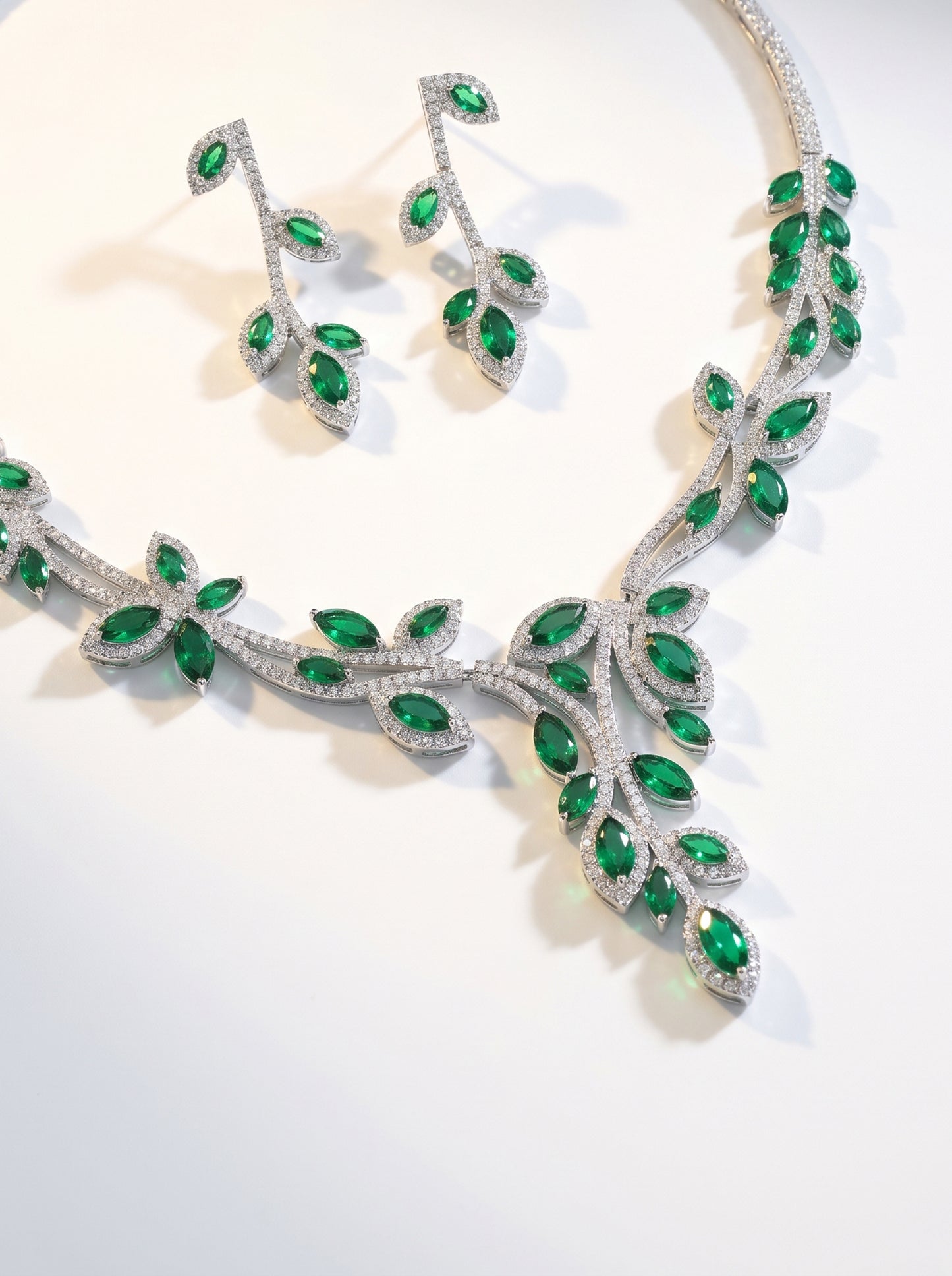 Botanical Vine Bridal Jewelry Set, Luxury Marquise CZ Leaf Necklace & 4.2cm Dangle Earrings Set for Wedding, Royal Blue & Emerald Green  LUNA-X173