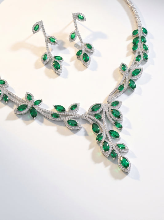 Botanical Vine Bridal Jewelry Set, Luxury Marquise CZ Leaf Necklace & 4.2cm Dangle Earrings Set for Wedding, Royal Blue & Emerald Green  LUNA-X173