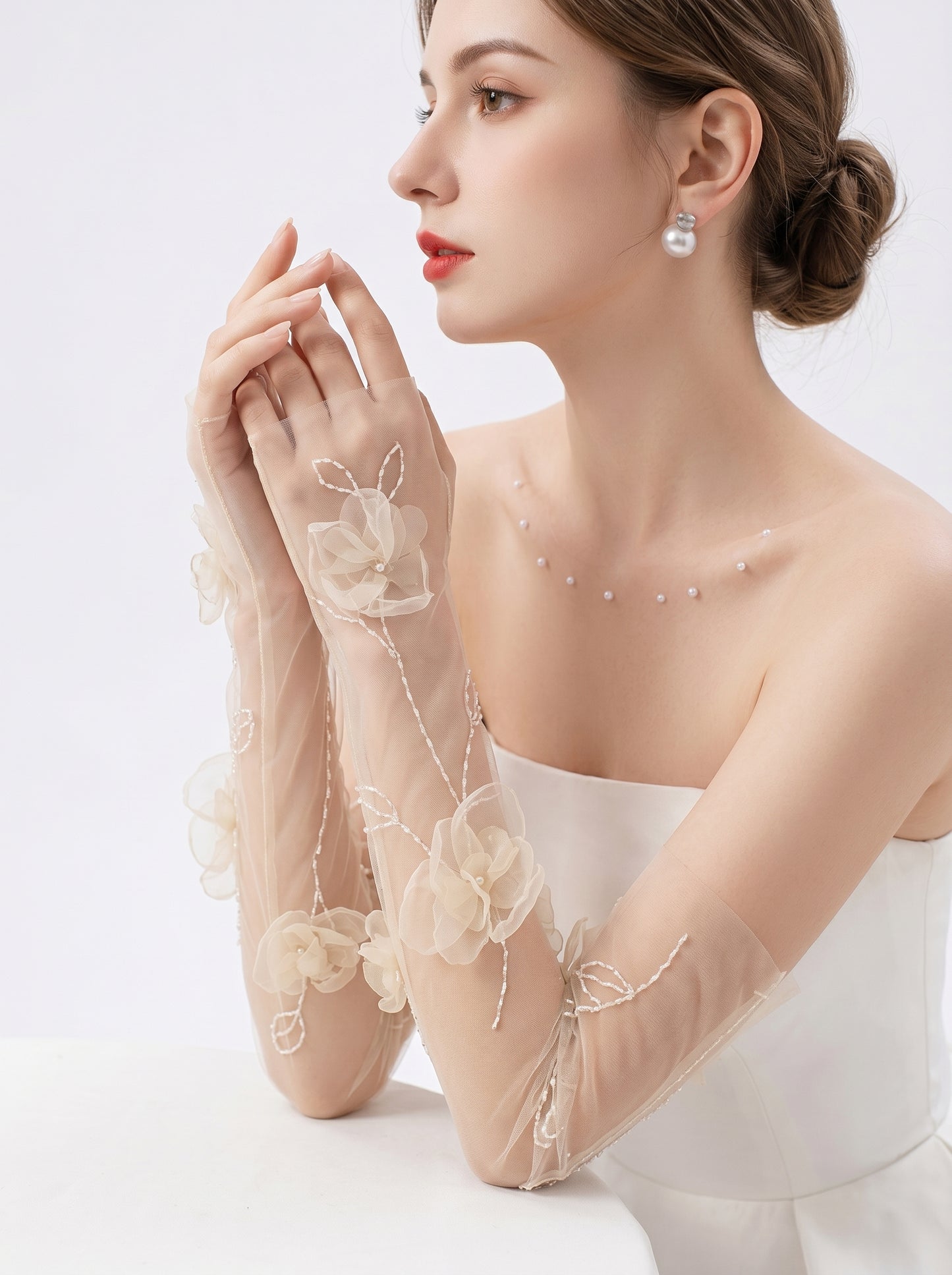 Dreamy 3D Organza Flower Bridal Sleeves, 56cm Light Beige Sheer Tulle Fingerless Gloves with Hand-Beaded Vines for Romantic Bride LUNA-X177