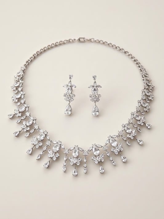 Dreamy Teardrop Zircon Bridal Jewelry Set | Drop Necklace & Dangle Earrings for Wedding  LUNA-X145