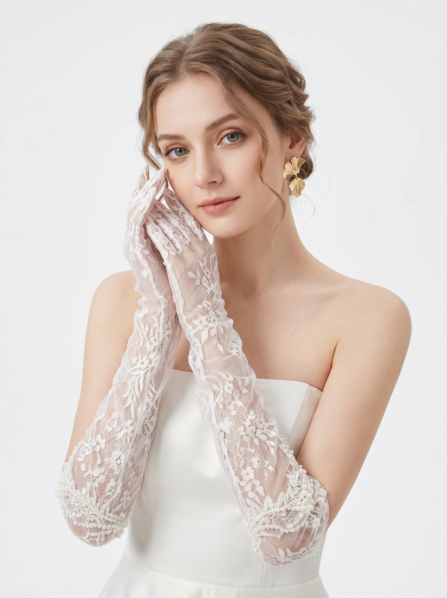 Elegant 50cm Opera Length Lace Bridal Gloves, French Romantic Wedding Gloves with Hand-Stitched Exquisite Pearl Embellishments LUNA-X179