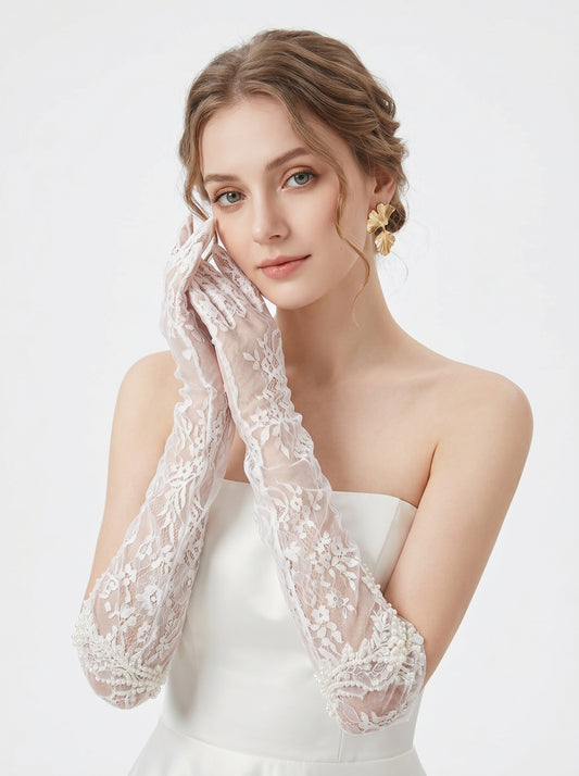 Elegant 50cm Opera Length Lace Bridal Gloves, French Romantic Wedding Gloves with Hand-Stitched Exquisite Pearl Embellishments LUNA-X179