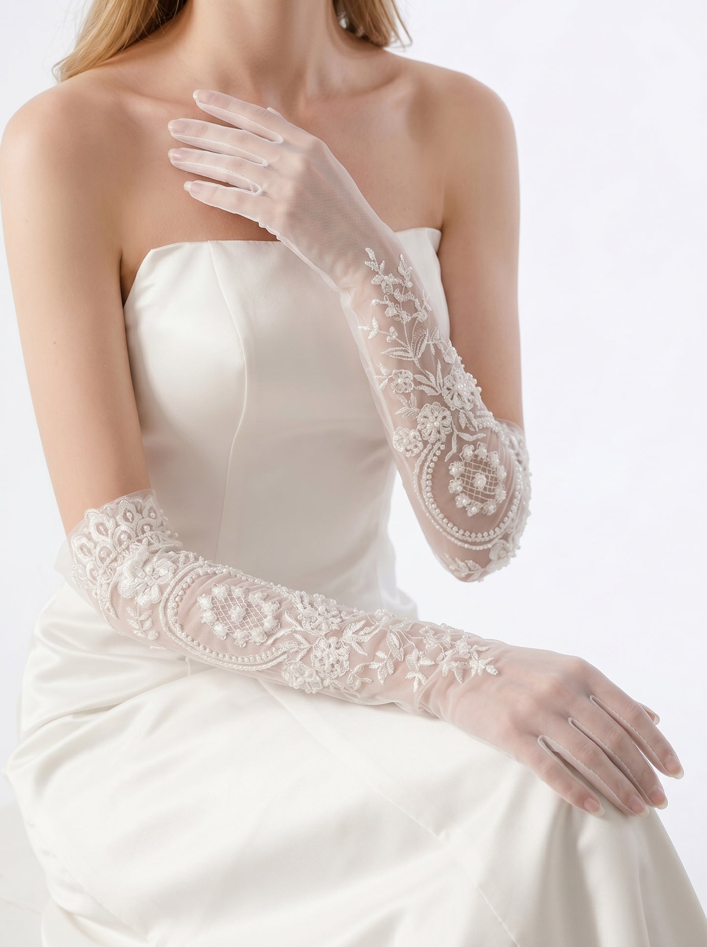 Elegant 55cm Opera Length Sheer Tulle Bridal Gloves, Romantic Off-White Wedding Gloves with Luxury Hand-Beaded Floral Lace Appliques LUNA-X176