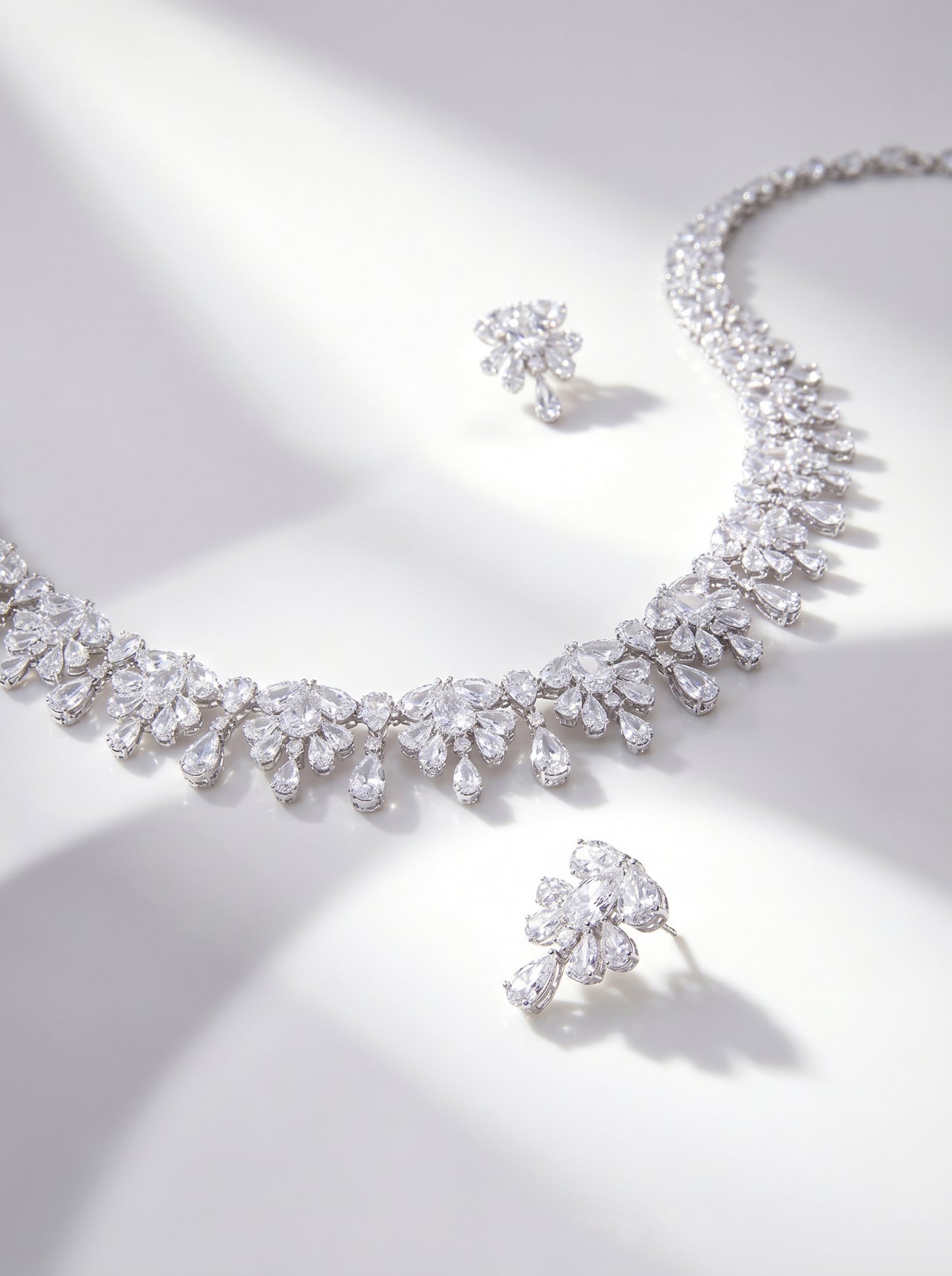 Elegant Leaf-Design Cubic Zirconia Bridal Necklace & Earring Set – K White Gold Plated  LUNA-X144