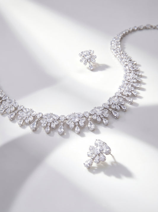Elegant Leaf-Design Cubic Zirconia Bridal Necklace & Earring Set – K White Gold Plated  LUNA-X144