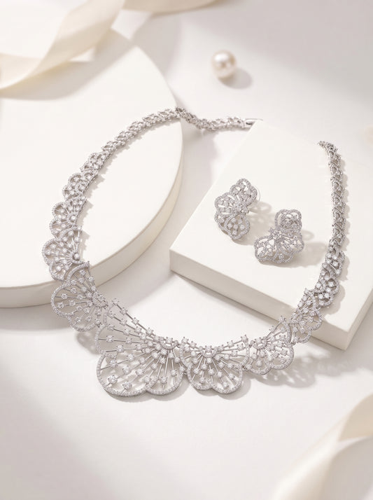Grand Starburst Medallion Bridal Jewelry Set, Luxury Platinum Plated AAA Zircon Geometric Choker Necklace & Dramatic Drop Earrings Set for Royal Wedding & Gala LUNA-X160