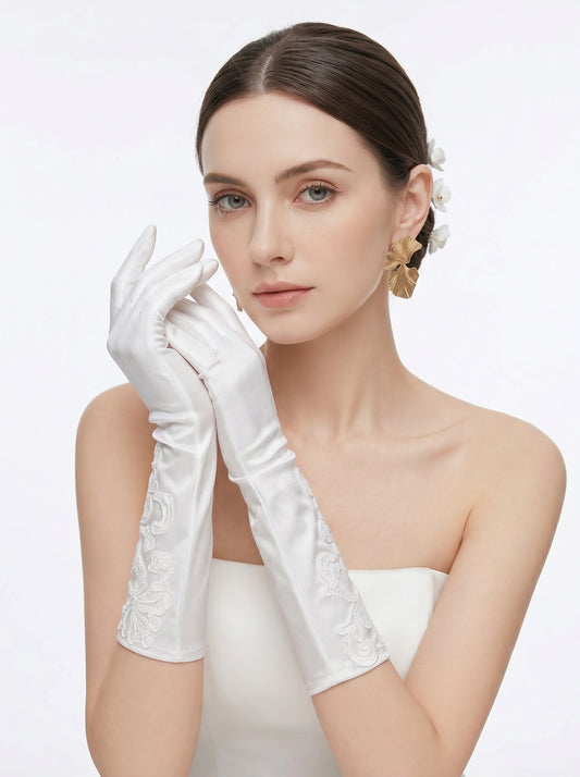 Ivory Satin Long Bridal Gloves with Delicate Embroidery | Vintage French Style Wedding Accessories (38cm)  LUNA-X187