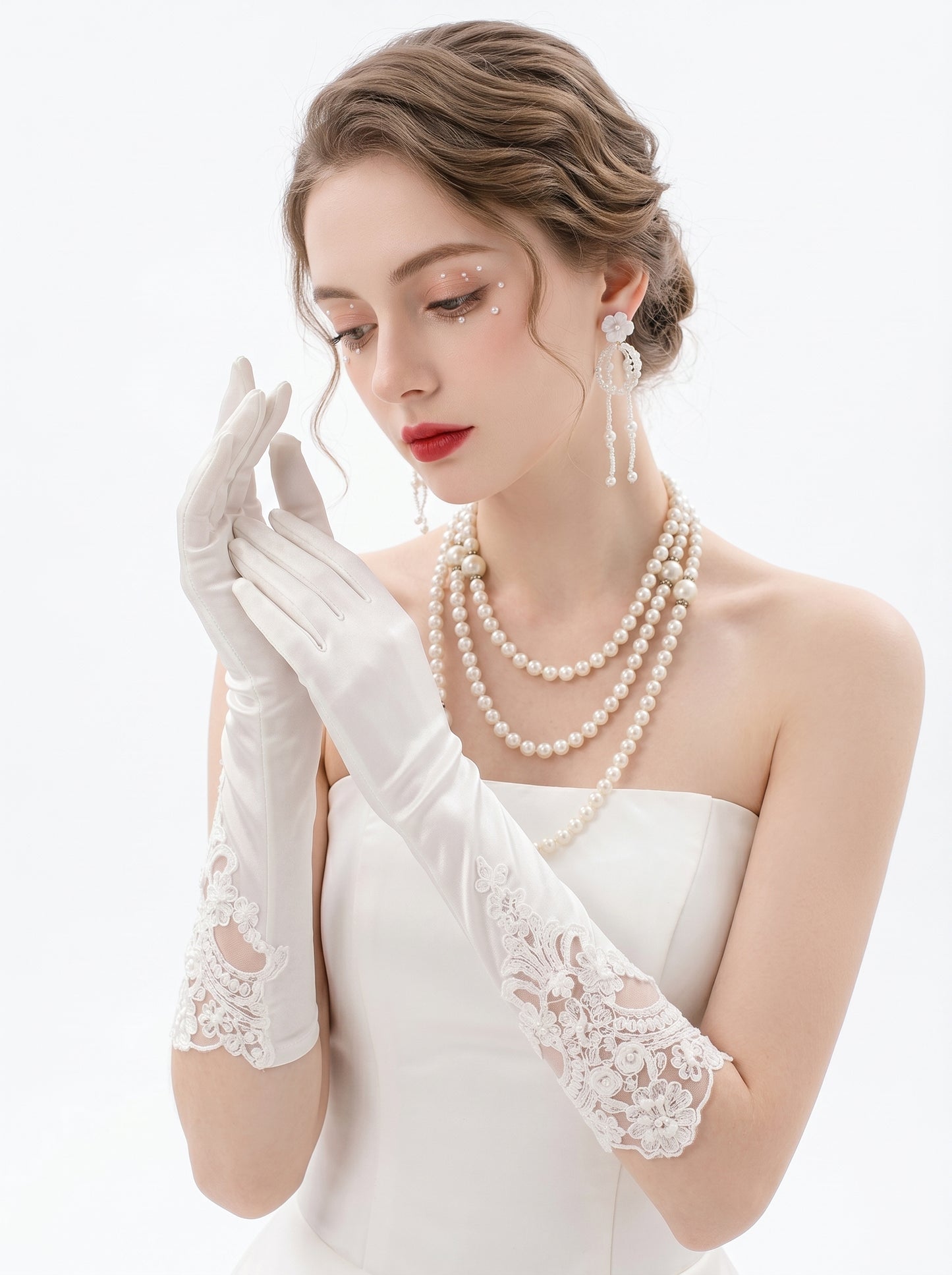 Ivory Satin Long Bridal Gloves with French Embroidery for Wedding LUNA-X185