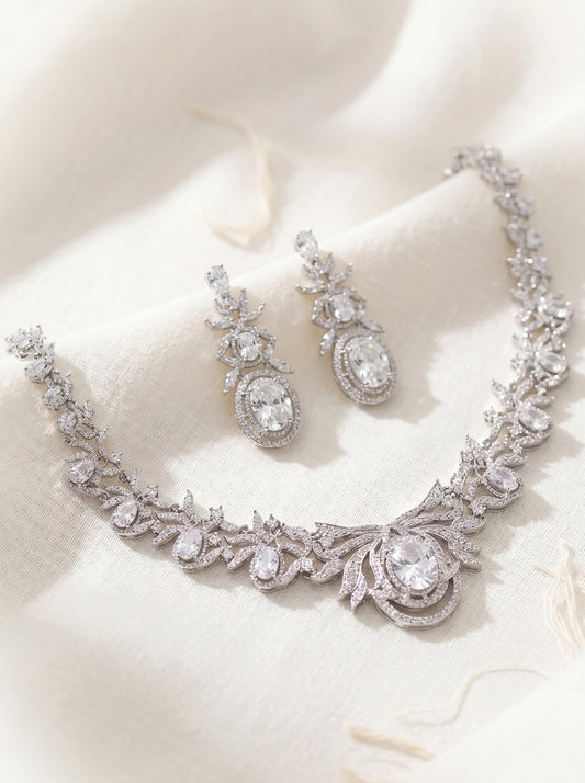 Luxury 3A Cubic Zirconia Bridal Jewelry Set, Platinum-Plated Handcrafted Prong Setting Necklace and Drop Earrings Set for Bride LUNA-X175